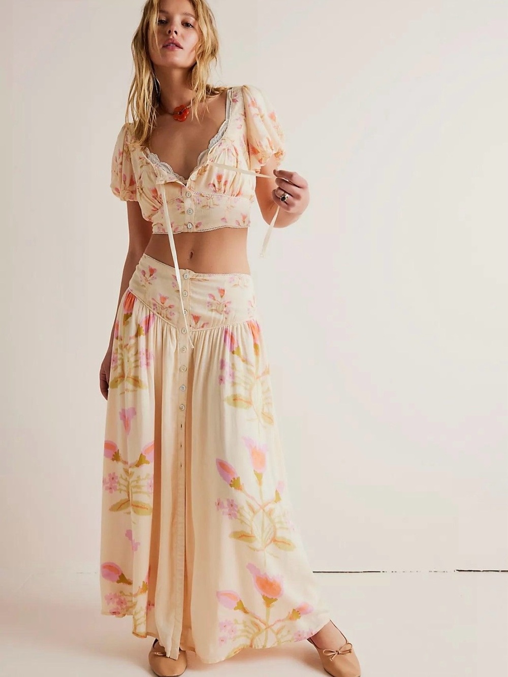 Free People Easy To Love Floral 2 Piece Maxi Skirt Crop Top Set M